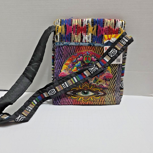 NWT Boho Festival Crossbody Purse Multicolor Woven Fabric Embroidered Eye Nepal - Picture 3 of 7